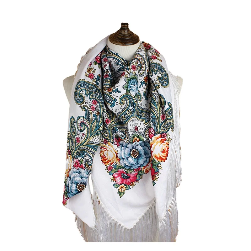 Wholesale Tassel fringe Printed Woman Hijab Wind Large Square Shawl Russian Scarf