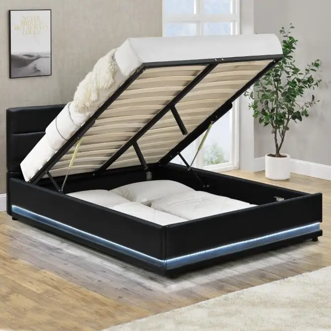 King Size Black Leather Storage Bed with Gas Lift