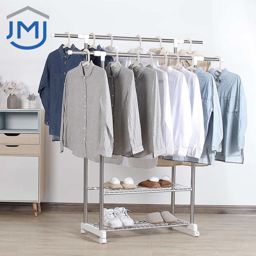 2021 OEM Custom Clothes Stand Hanger with Wheels Stainless Steel Clothes Rack