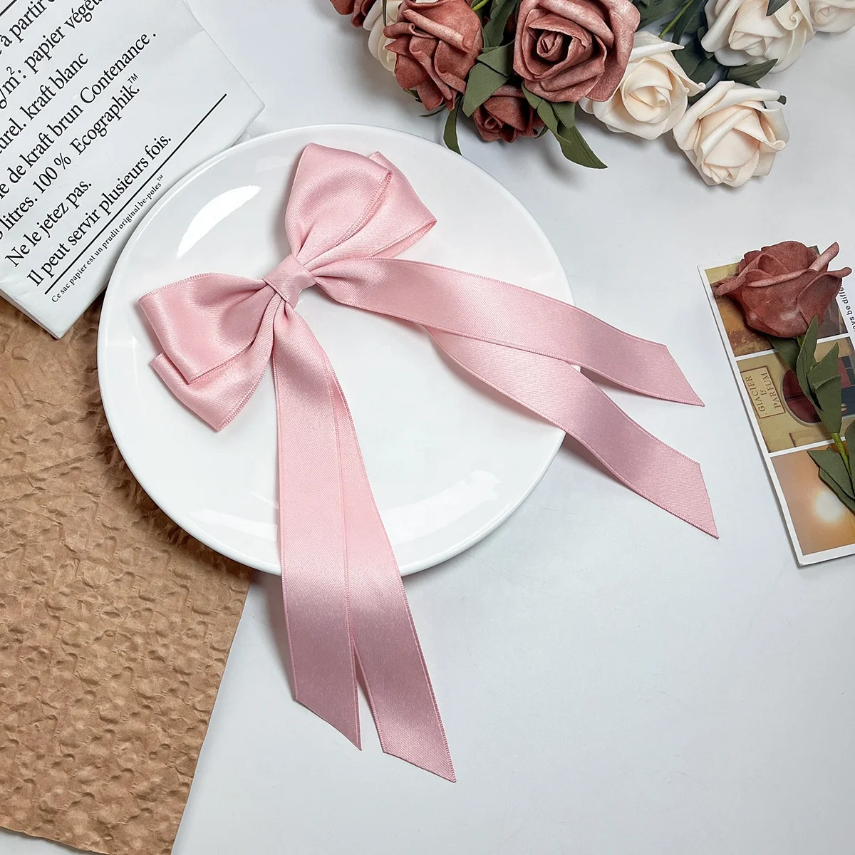 E-Magic Customized logo Printed Handmade  Big Size Matt Satin Ribbon Bow Decorative Hair Ribbon Bow For Garment Accessories