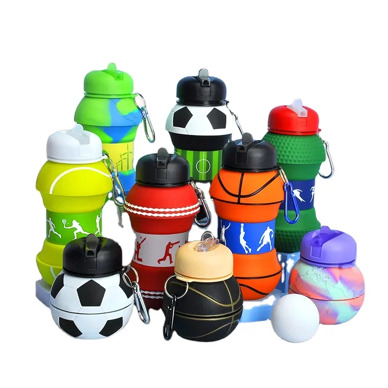 Custom Reusable New Creative Gift BPA Free Botella de Agua Football Retractable Lanyard Silicone Water Bottle Water Cup