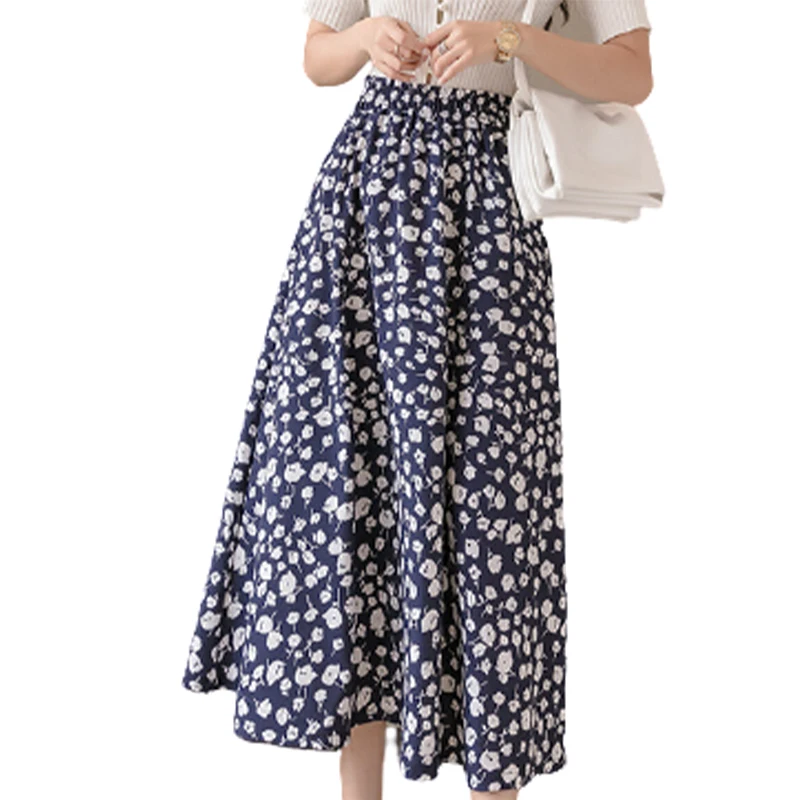 New design high quality lady flower skirt high waist long chiffon female floral skirt