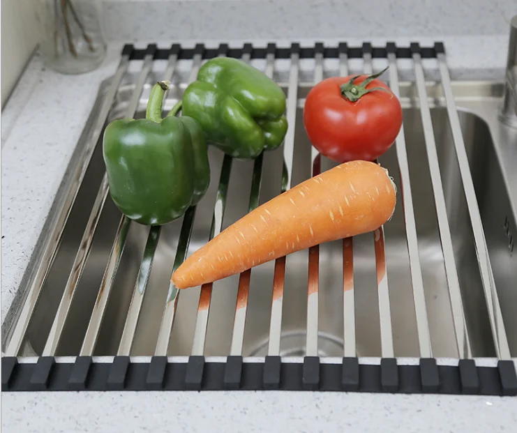 
Household Metal Fruit Dish And Vegetable Drain Holder Over The Sink Roll Up Dish Rack For Kitchen 