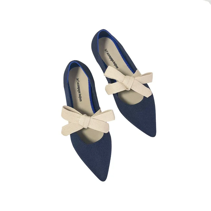 Mary Janes leopard pattern pointed toe knitting ballet moccasins shoes bow knot shallow slip on flats