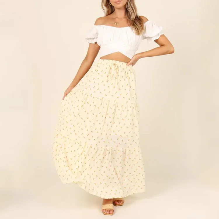 Wholesale Custom Women High Elasticated Waist Floral Print Maxi Skirts