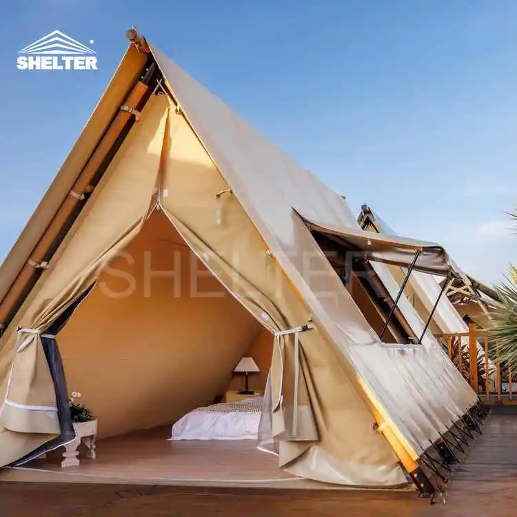 Outdoor Canvas Luxury Glamping Triangle Safari Tent With Bathroom Resort Hotel Canvas Safari Tent Lodge