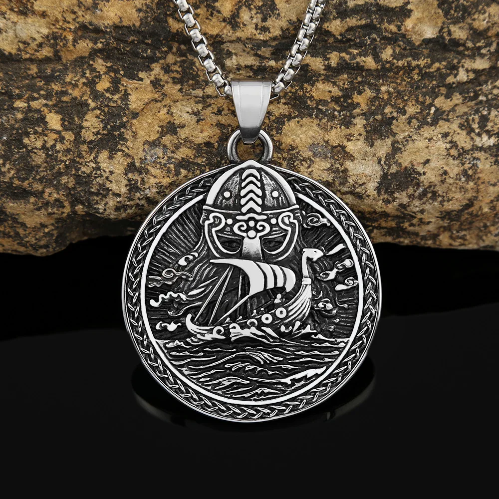Stainless Steel Vintage Sailing Dragon Boat Pendant Medallion Viking Jewelry Necklace Norse Viking Soldier Necklace (BN026)