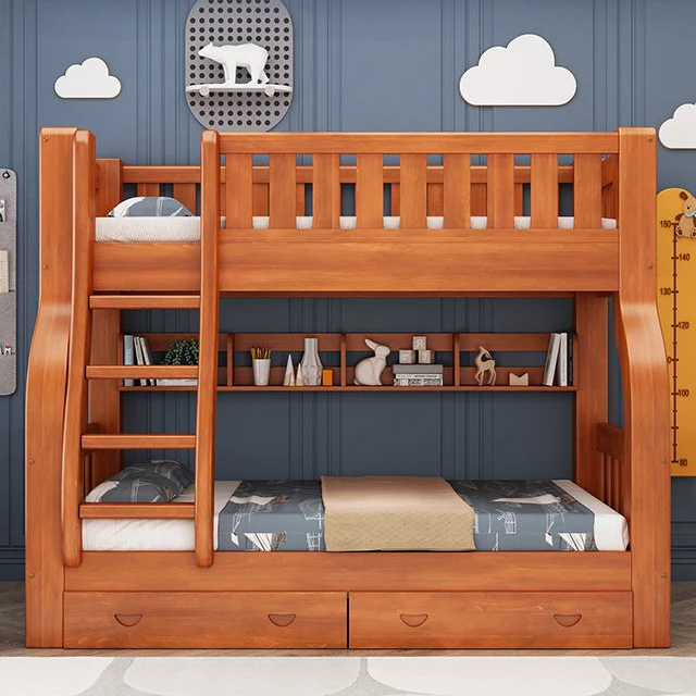 Cheap Girls Adults Solid Wood Frame Double Children Bed King Size Modern Bedroom Furniture Kids Bunk Bed With Slide And Stairs