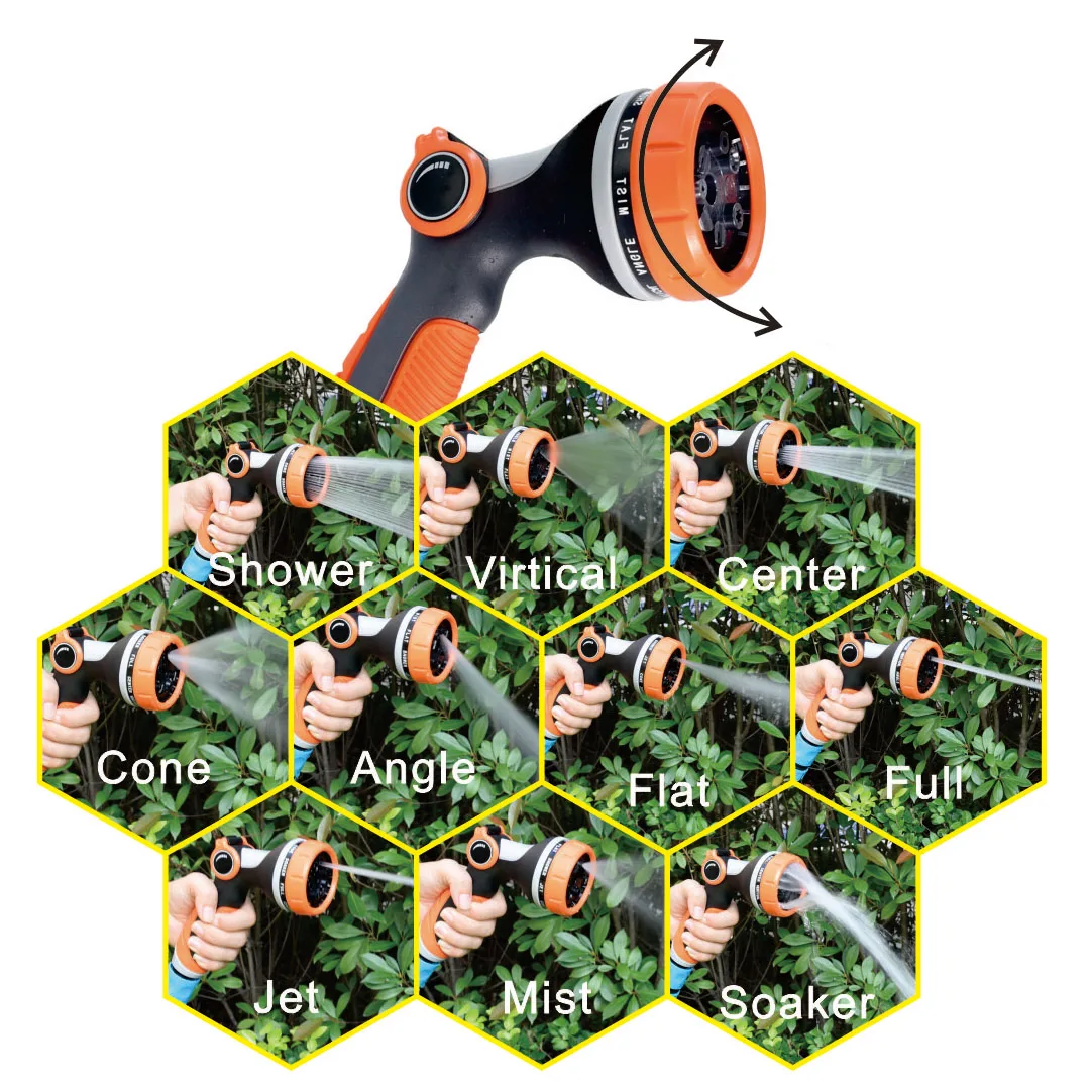 Plastic high pressure 10 pattern garden water gun with thumb valve