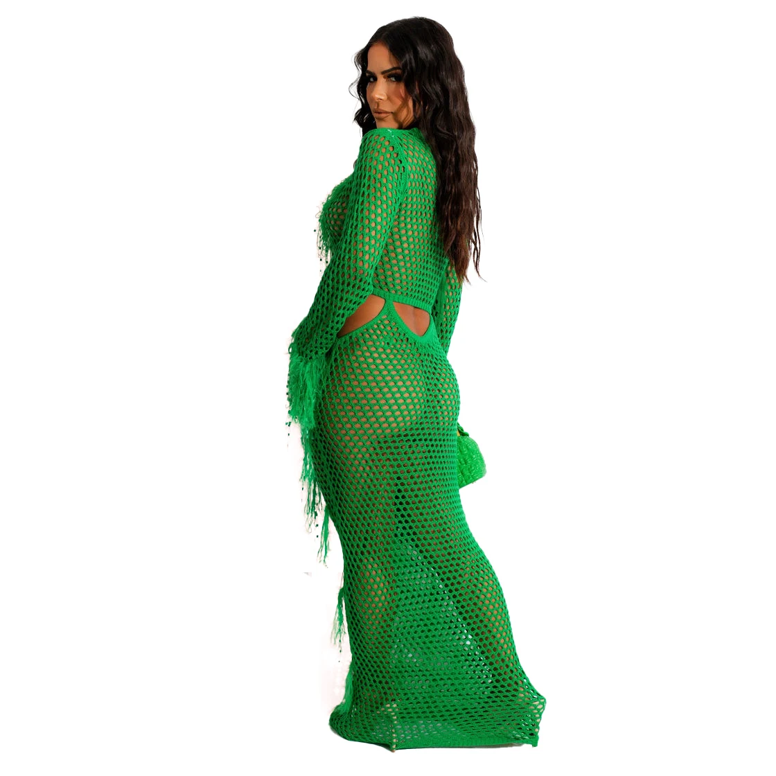 Bestwayclox 2024 New Arrival Crochet Sexy Cut-Out Mini Beach Skirt Handmade Knitted Long Dresses Hollow Faux Mink Fringed OEM
