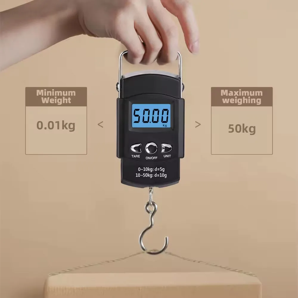 Wholesale 50kg Portable Weight Machine Scale With Measuring Tape Pocket Hanging Fishing Scale Digital Luggage scale