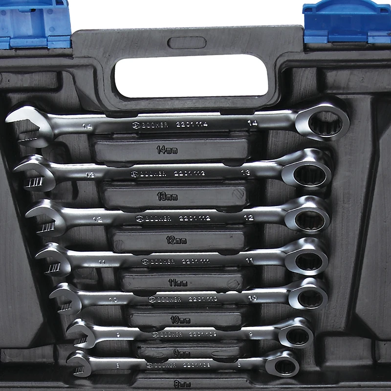 Durable plastic box packaging of 9pcs Chrome Vanadium ANSI standard Ratchet Ring 12pcs Set  & Open end wrench