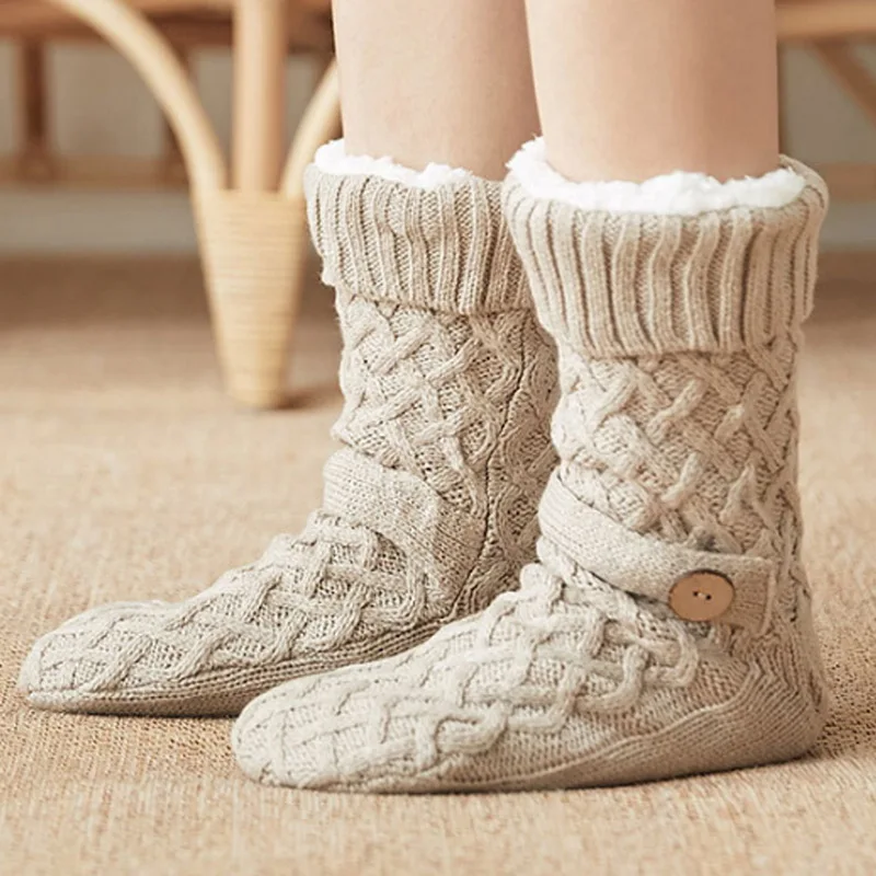 
Wholesale Knit Cozy Fleece Floor Fuzzy Winter Women Christmas Warm Acrylic Slipper Socks Floor socks with Button 