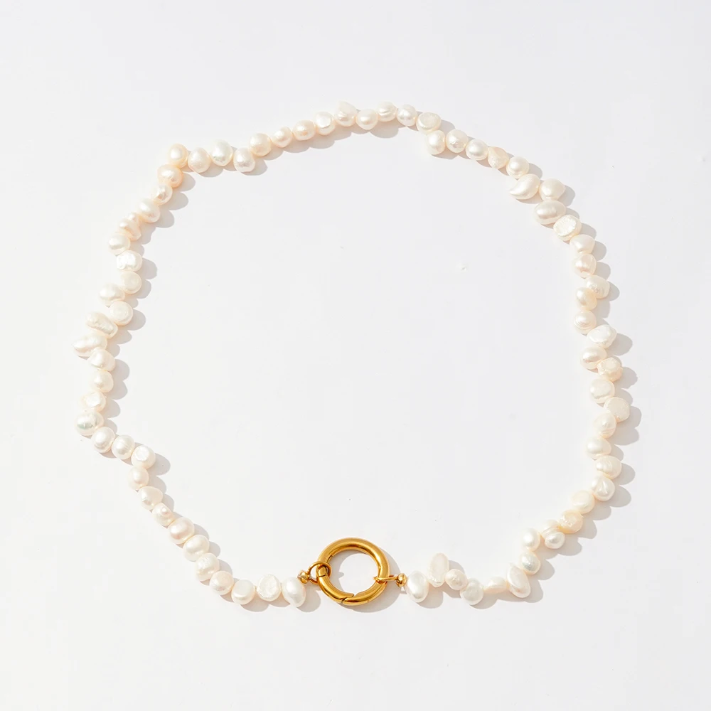 Fashion jewelry gold stainless steel  O clasp 6mm natural freshwater pearl necklace