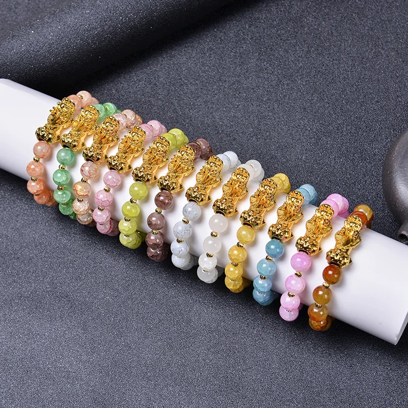 SC 2024 New Colorful Strech Simulated Jade Beaded Bracelets Feng Shui Wealth Glass Bead Gold Plated Pixiu Bracelet For Women