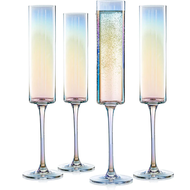 
Wholesale Customize 6 oz Lead Free Iridescent Cylinder Handmade Crystal Glass Champagne Flutes 
