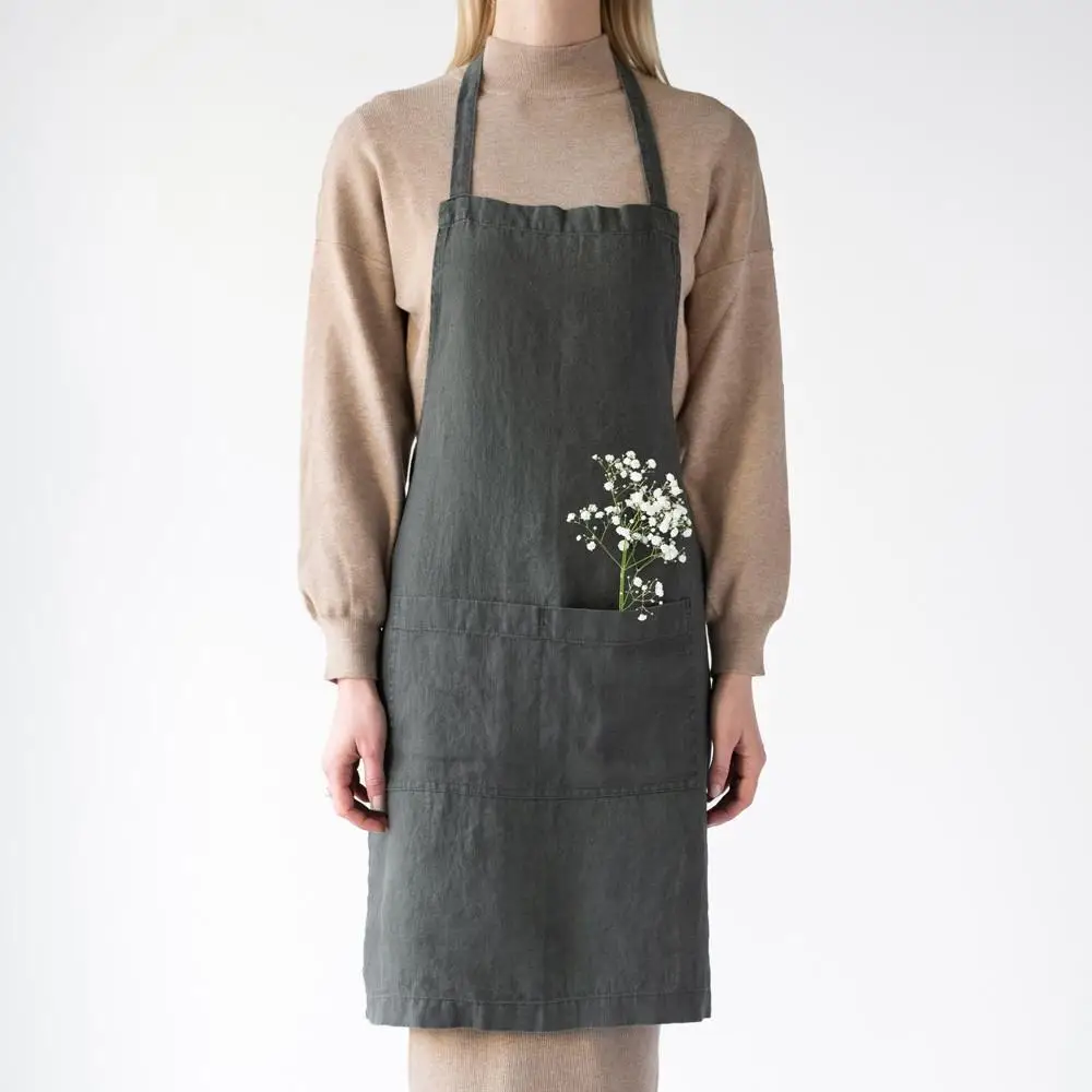 Custom logo apron adult unisex comfortable raw ecological french linen aprons