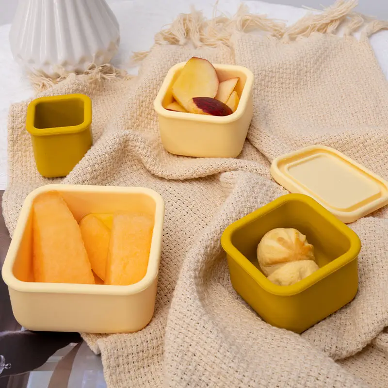 Custom Eco Friendly Reusable Silicone Kid Bpa Free Leakproof Food Storage Box Set Square Fruit Snack Container With Silicone Lid