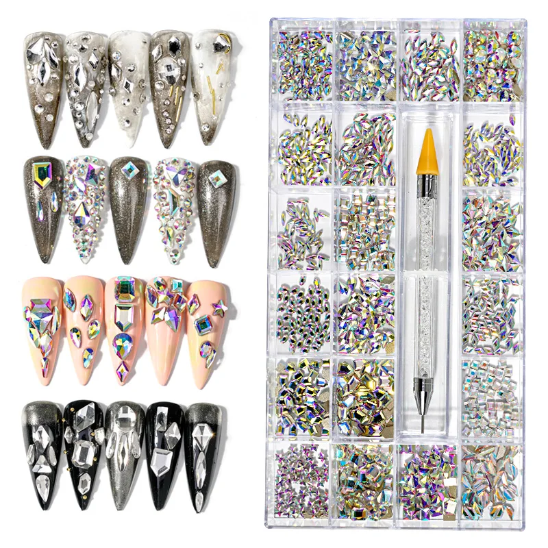 1000pcs Crystal AB  Nail Art Mix Shaped In Box Flat Bottom Glass nail art rhinestones