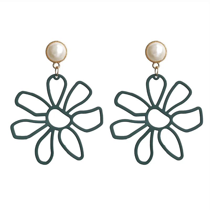 Free Shipping Sweet Hollow out Purple Green flower with faux pearl earring for women