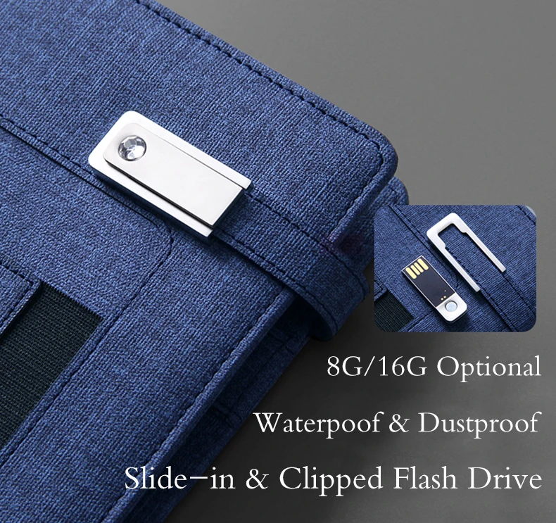 Fashion A5 royal blue leather charging notebook with 8000 mah powerbank and 16G USB disk flash drive