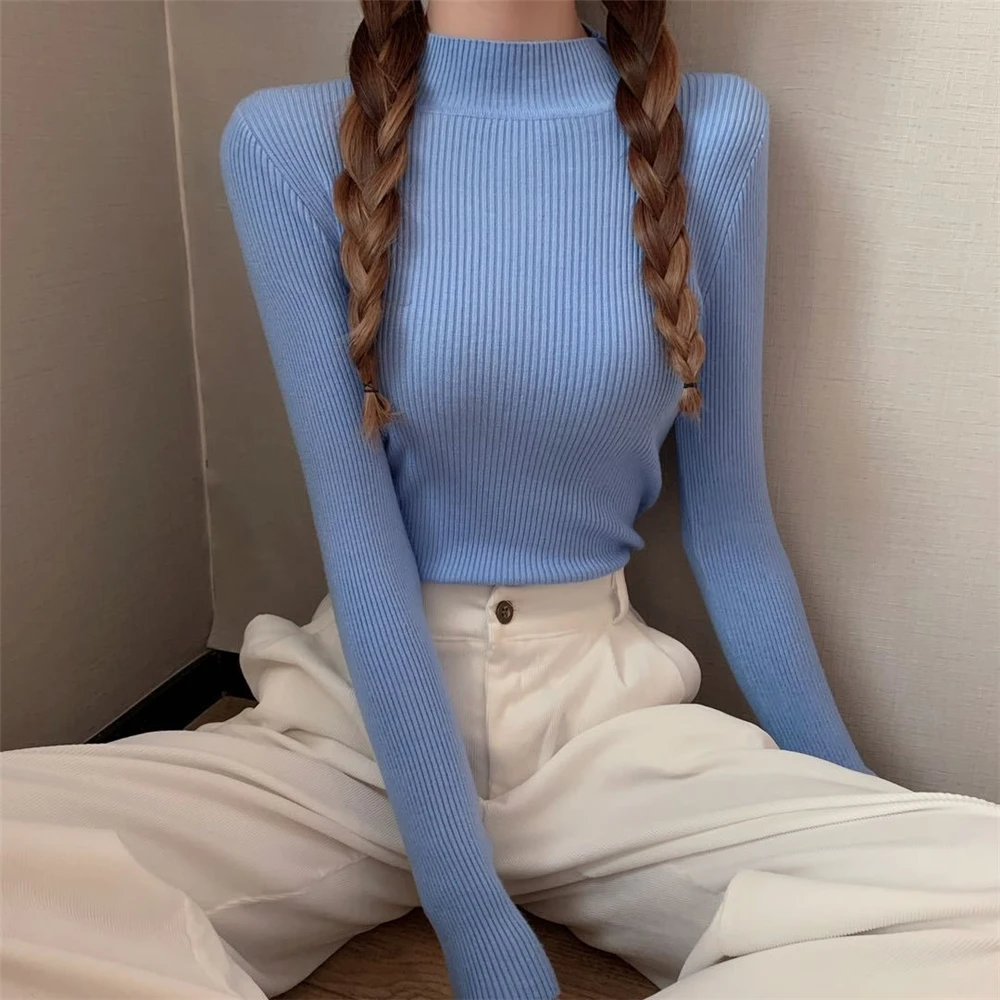 ANSZKTN ANSZKTN Women Girls Knitwear Stand Collar Pullover Blouse Long Sleeve Solid Color Knit Slim Casual Sweater