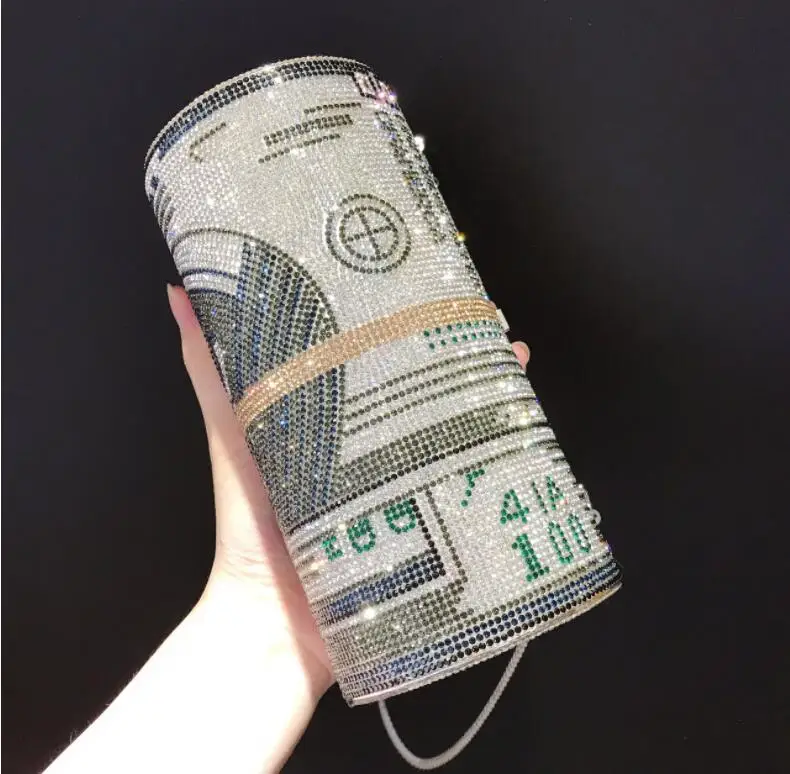 New Design Woman Luxury Roll Diamond Money Purse Bag Clutch 100 Dollar Handbag Ladies Evening Rhinestone Party Purse