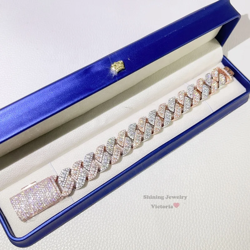 Guangzhou Shining Jewelry 18MM Iced Out Rose Gold Mix White Gold Color Sterling Silver 925 Men VVS Moissanite Cuban Bracelet