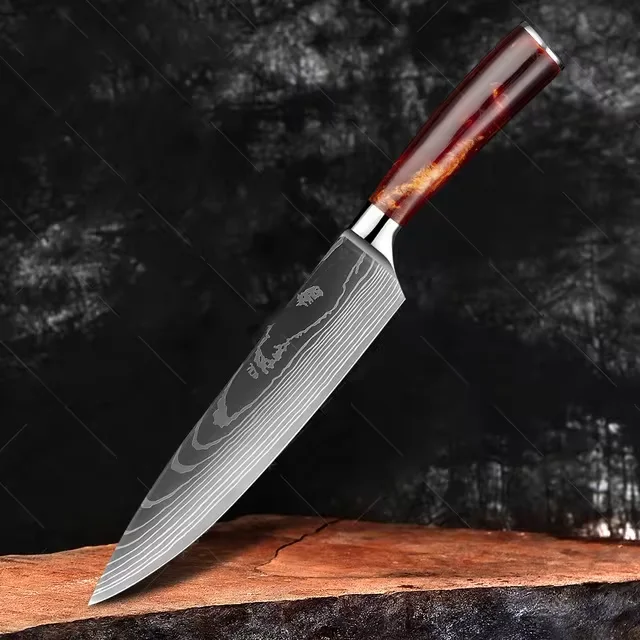10 pcs Sharp Resin German Stainless Steel Japanese Laser Damascus Santoku Chef Boning Modern Knives Kitchen Knife Set