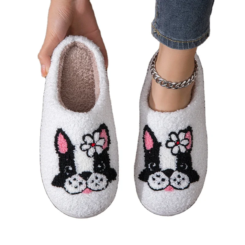 Hot selling cartoon animal indoor cotton slippers cute plush dog slippers for girls