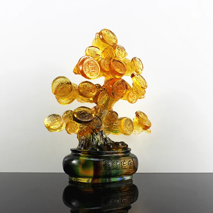 Feng Shui Lucky Fortune Money Tree Craft Liuli Crystal Chinese Multicolor 250*130*280mm Glass Gift Packaging Sculpture Folk Art