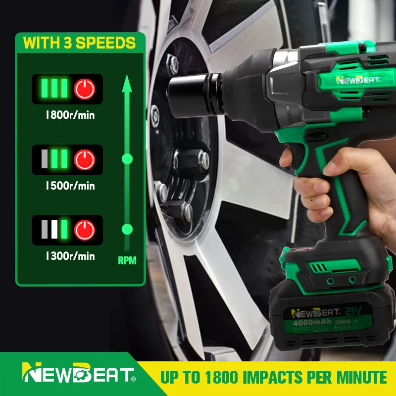 NewBeat Car Nut Brushless Electric Battery Power Wrenches High Torque Heavy Duty Cordless Impact Wrench 3/4