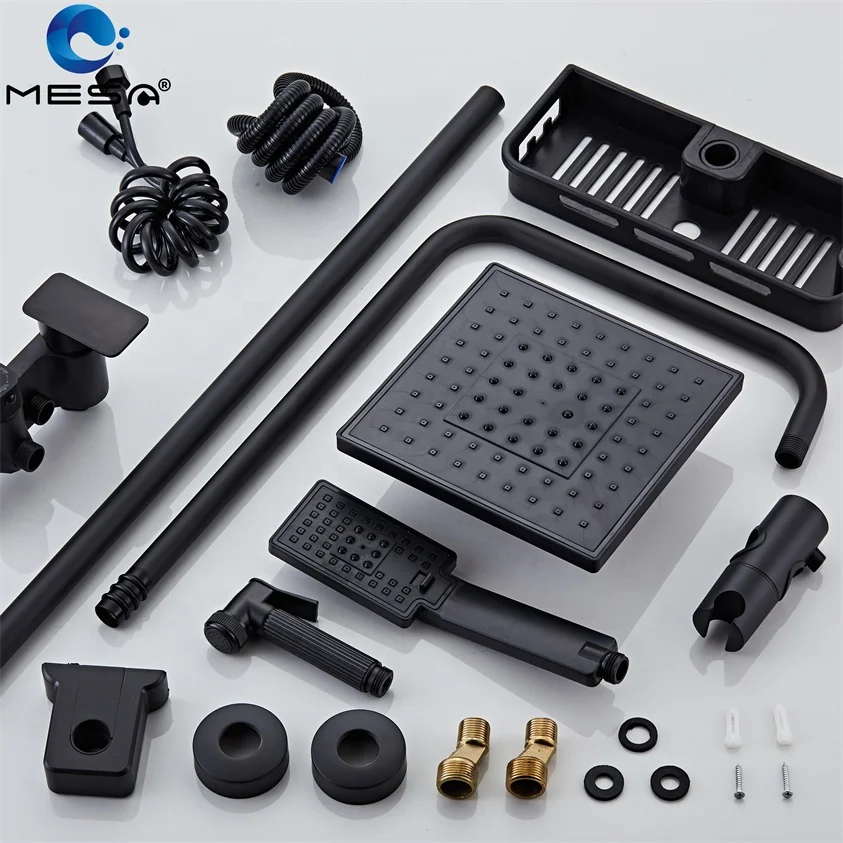 MESA 3 Function Black Shower Systems with Rain Shower Handheld Spray Gun and Shelf