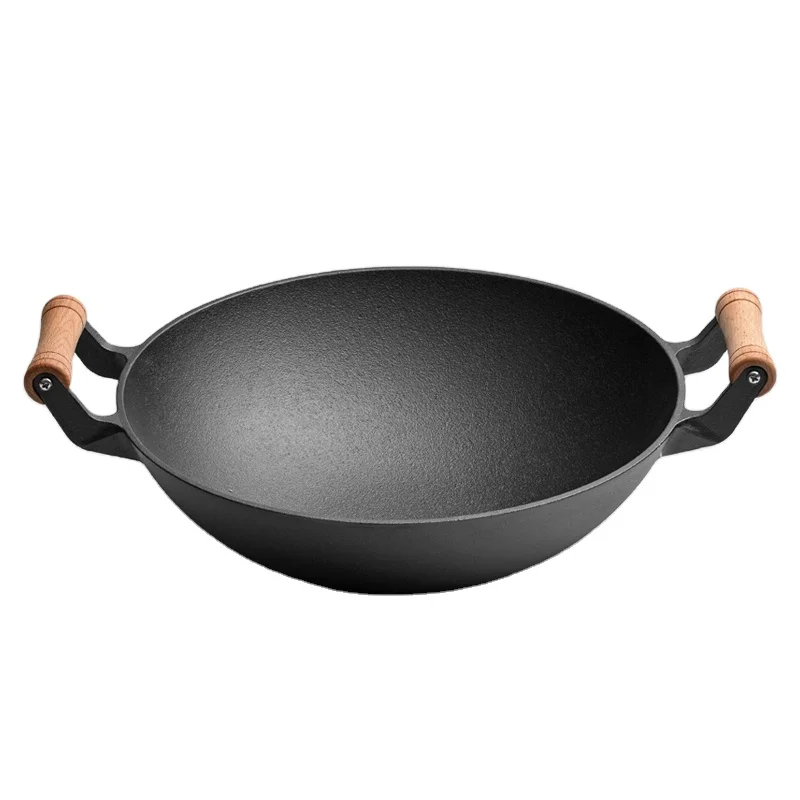 Factory Household Cast Iron Pan with 33/36/40cm Thickened Wooden Handle Non-Coated Non-Stick Double Ears for Cooking