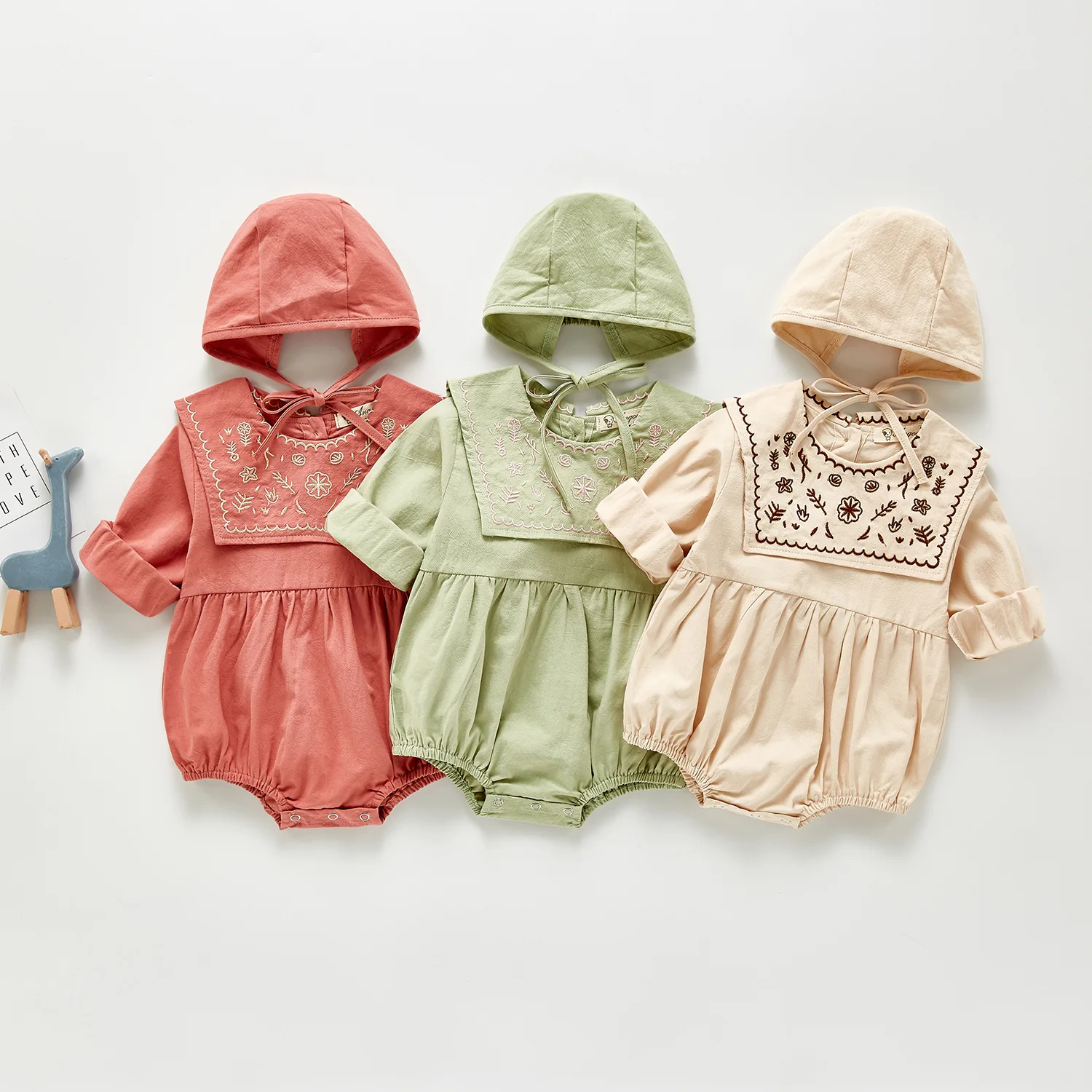 fashion Plain Embroidery Cute Sweet Style Soft Cotton Long Sleeve Baby Girls Romper Toddler Clothes With Hats