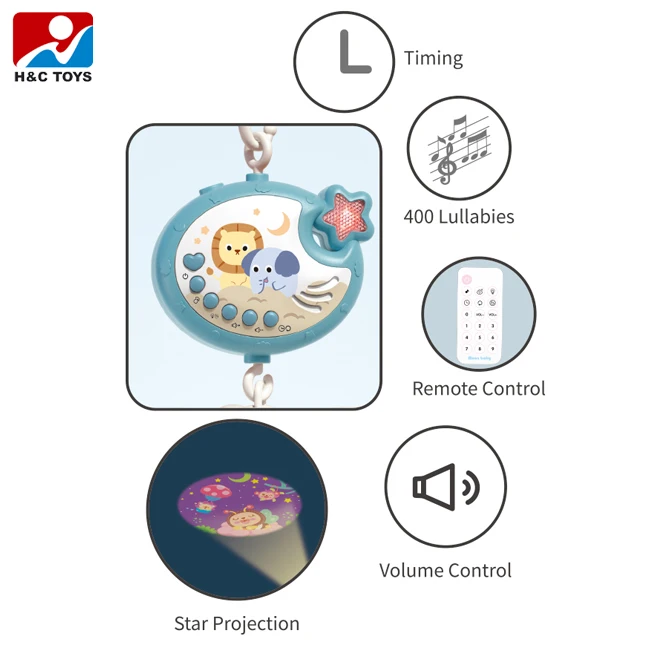 Soothing rotate hanging bed bell toy crib projection remote control baby mobile music box