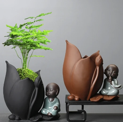 Pothos and Pilea Peperomioides Hydroponic Purple Clay Flower Vase Desktop Succulent Lucky Bamboo Zen Style Ceramic Potted Plant