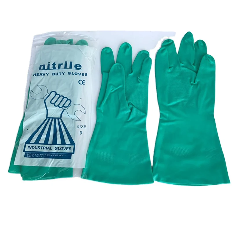 Green Chemical Resistant Safety Work Nitrile Gloves,Acid Oil Proof Hand Rubber Gloves Waterproof Nitrile Rubber