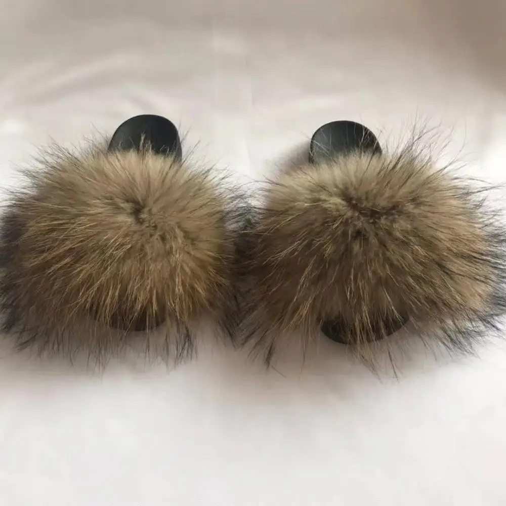 Cheap wholesale natural raccoon fur slippers slides sandals for girls