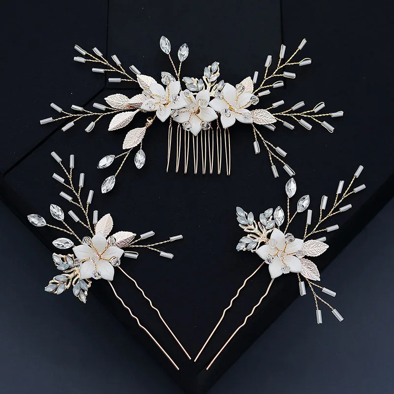 SLBRIDAL Handmade Rhinestones Alloy Ceram Flower Opal Crystal Bridal Hair Comb Hair Pin Set Wedding Hair Accessory Women Jewelry