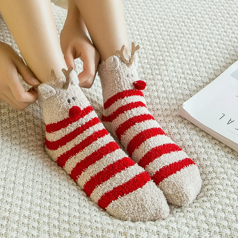 Christmas socks female autumn and winter tube socks pure cotton plus velvet thick sleep socks coral velvet warm cute velvet soc