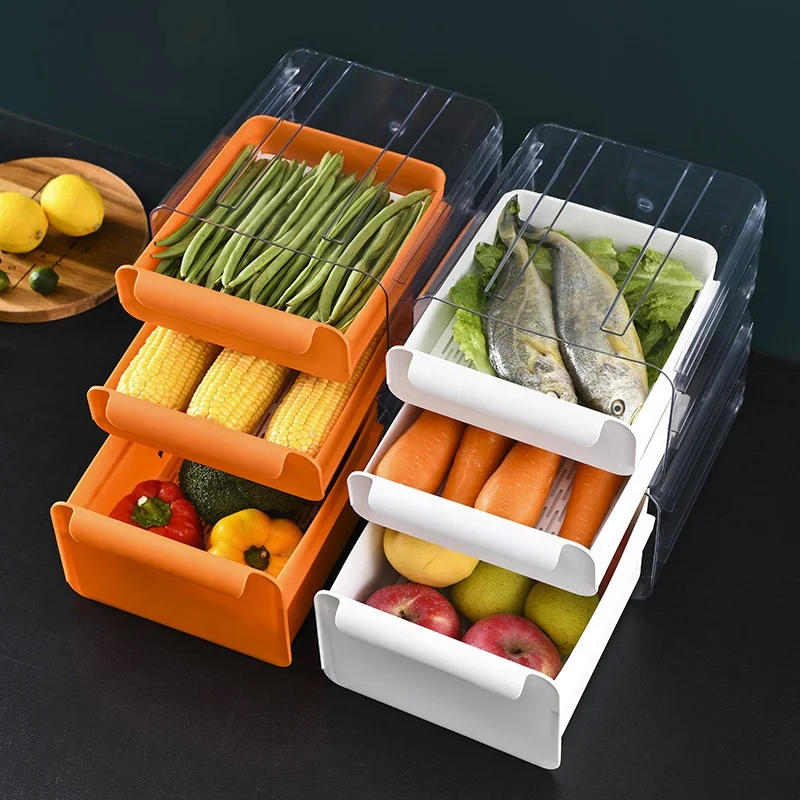 Штабелируемый кухонный органайзер для холодильника, контейнер для хранения пищевых продуктов, прозрачный контейнер для хранения пищевых продуктов, корзина со сливным лотком