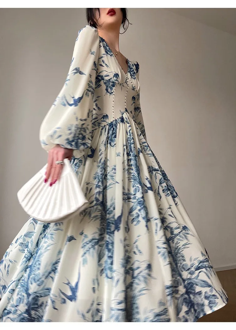 Floral Dress Long Puff Sleeve Dress For Women Printed Decorated Ballroom Dance Gown Formal Woman Clothing