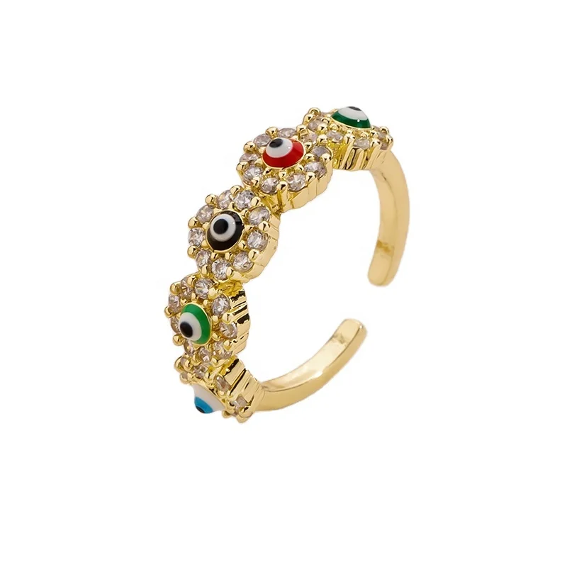 Wholesale 14K Gold Plated Zirconia Rings Colorful Adjustable Round Zircon eye ring Opening Zirconia Ring For Women