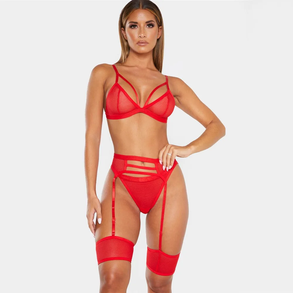 
2020 Euramerican Soft Lace sexy lingerie female sexy nightsuit mesh see-through garters women sexy underwear three-piece suit 