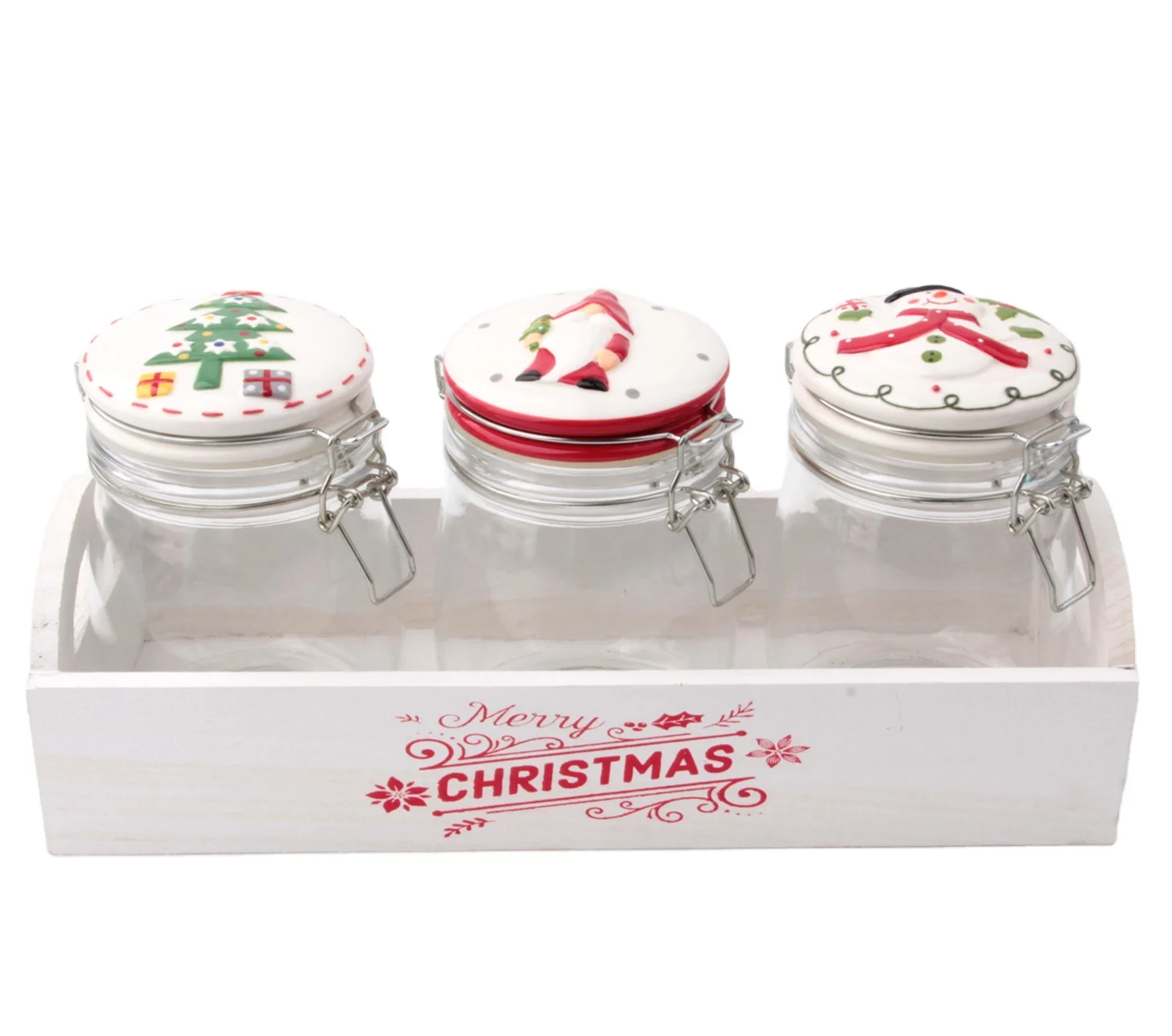 New design Customized home decor glass food storage jar with metal clip and creativity Christmas ceramic lid white wooden rack
