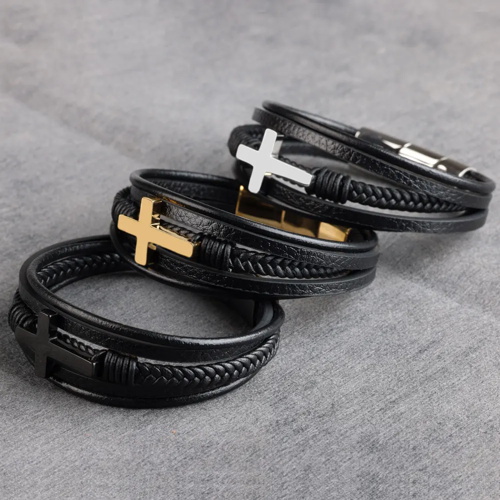 Stainless Steel Gold Plated Cross Bracelet Genuine Leather Removable Clasps Men Gift Bangle