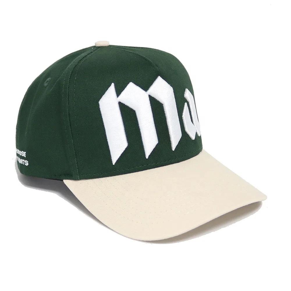 factory  two Tone hat forest green and beige customize 3D embroidery side back flat embroidery snapback curved brim hat