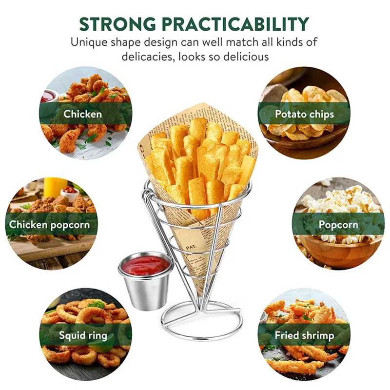 Metal Wire Kitchen Accessories French Fries Stand with Sauce Dippers Potato Chips Snack Holder Colanders & Strainers