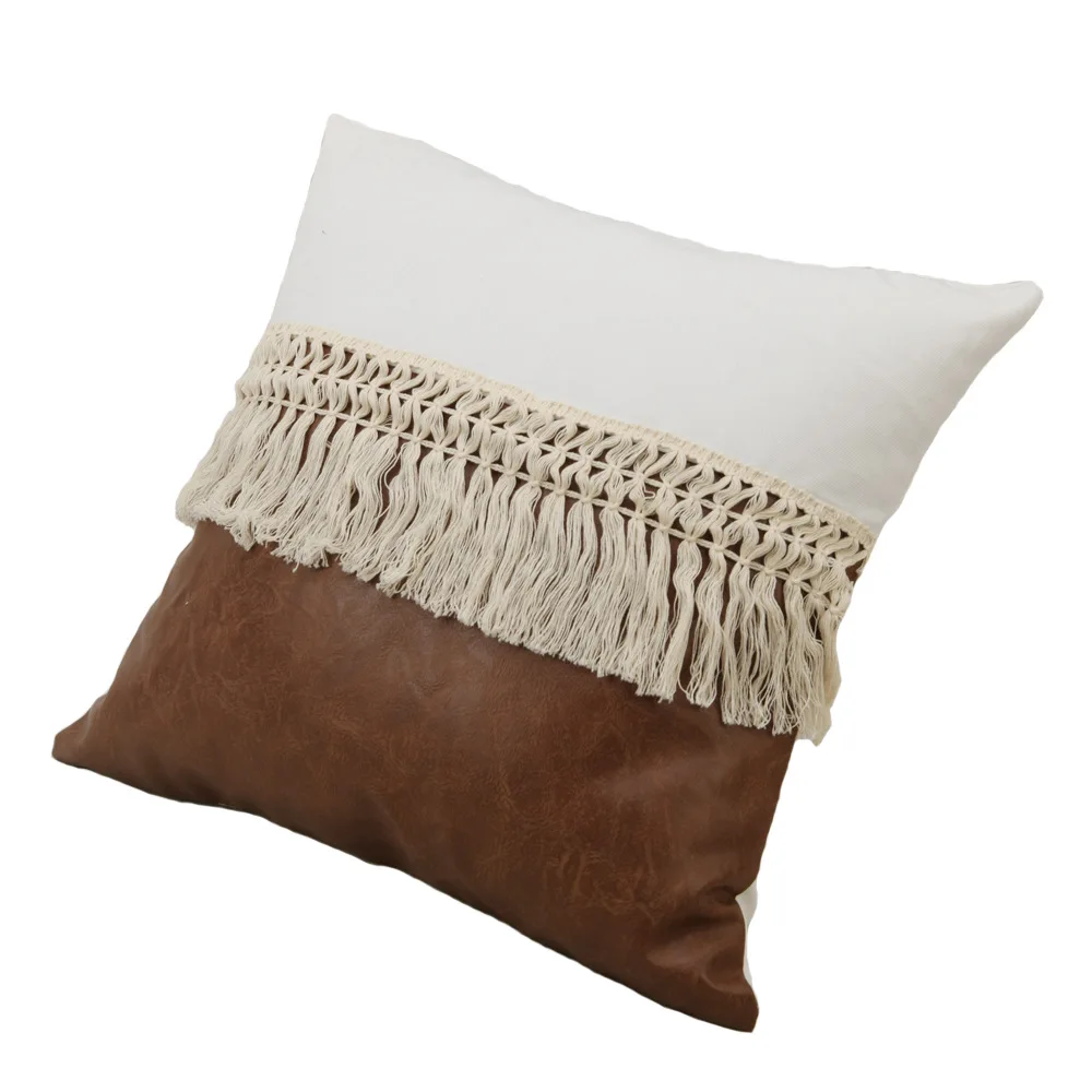 Nordic Canvas Leather Patchwork Pillow Cases Wholesale Luxury Boho Cushion Cover Outdoor  Throw Pillow with Tassel